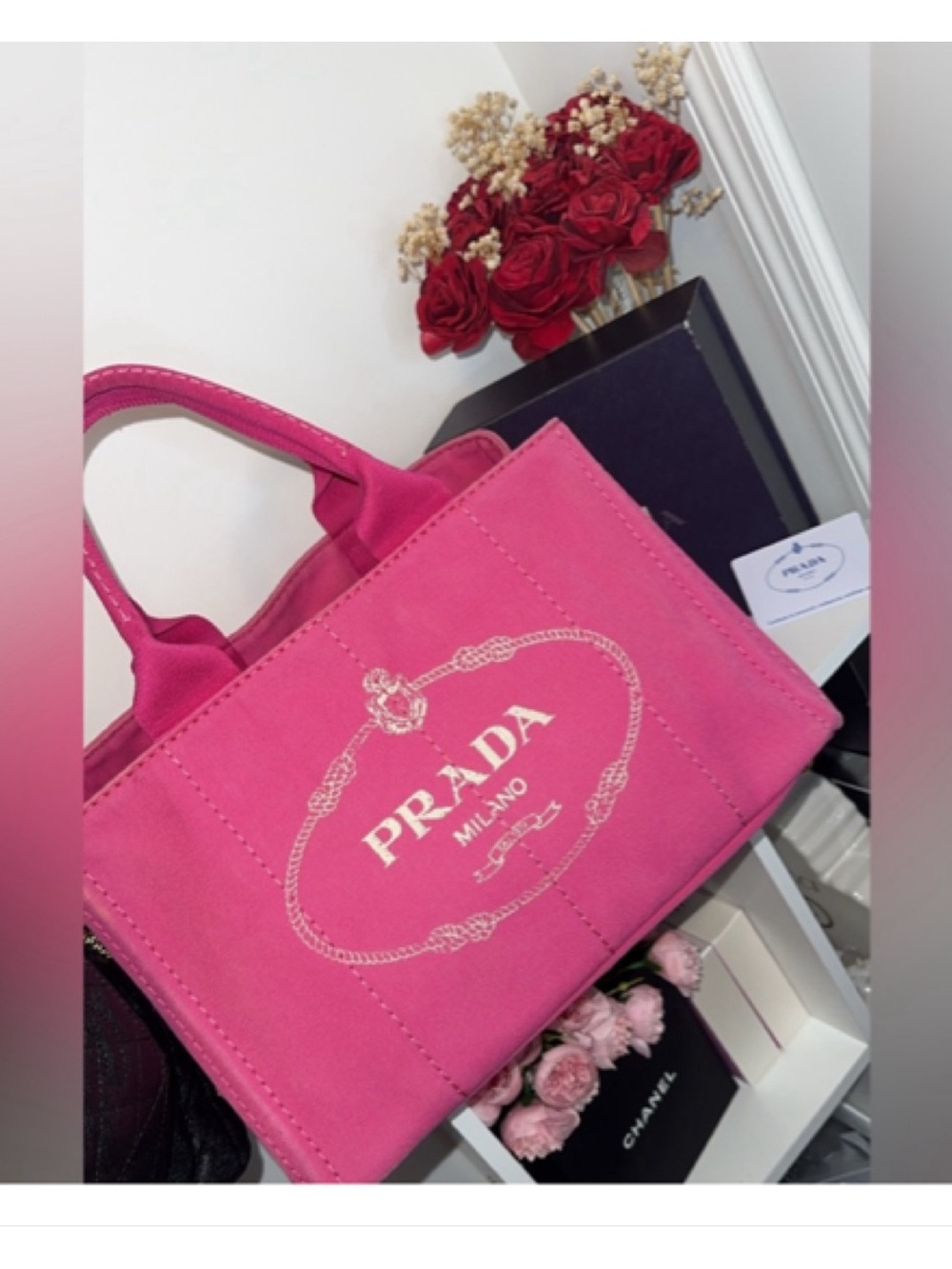 Prada Canapa Pink Denim Logo Large Tote